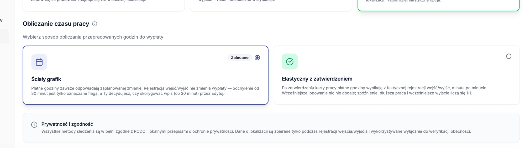 Sekcja Obliczanie czasu pracy: Ścisły grafik i Elastyczny z zatwierdzeniem