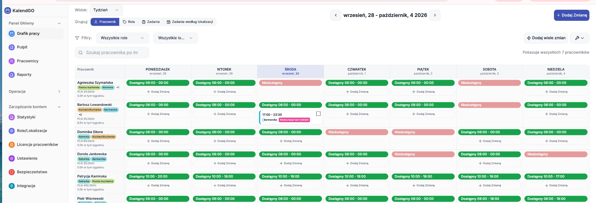Grafik pracy w widoku tygodniowym z przyciskiem Dodaj Zmianę w prawym górnym rogu