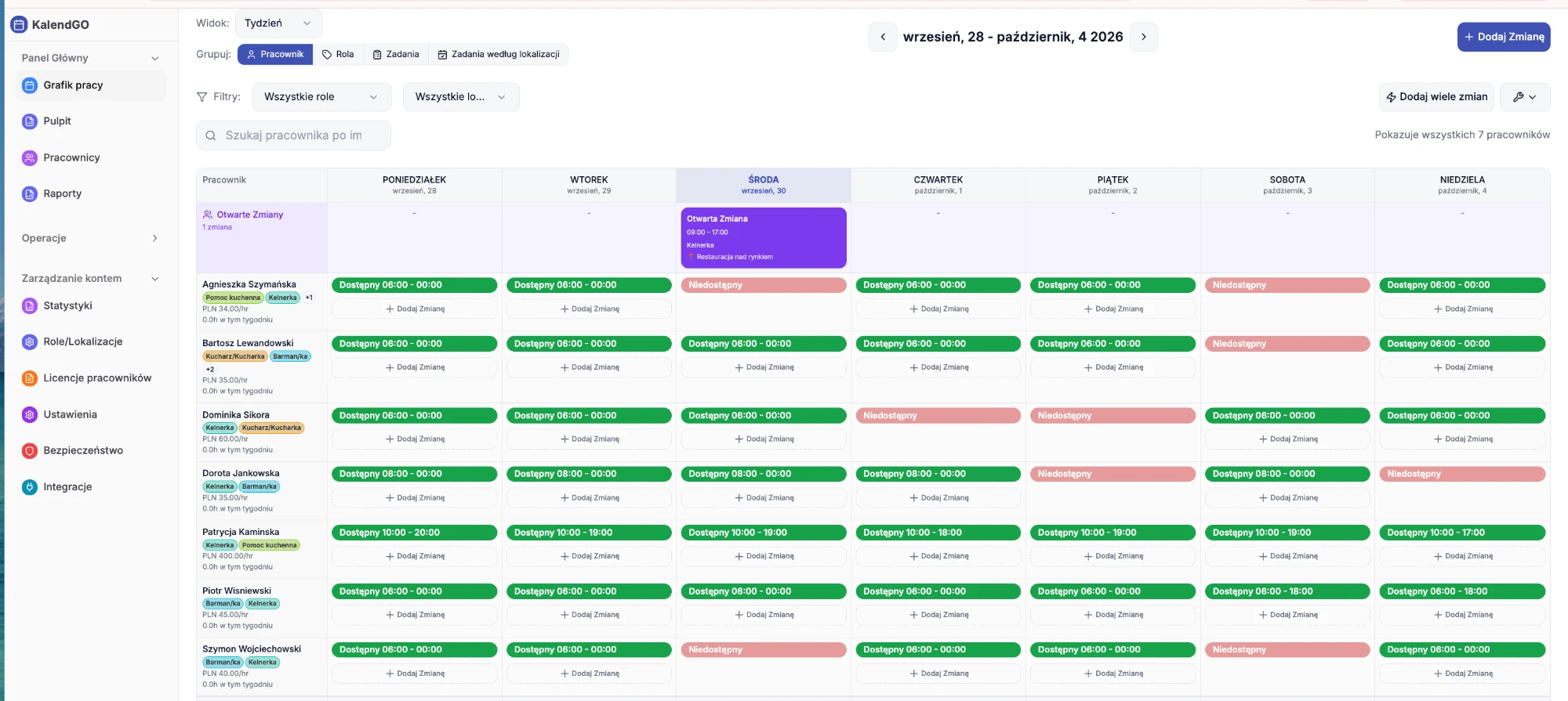 Grafik z wierszem Otwarte Zmiany i fioletową otwartą zmianą w środę
